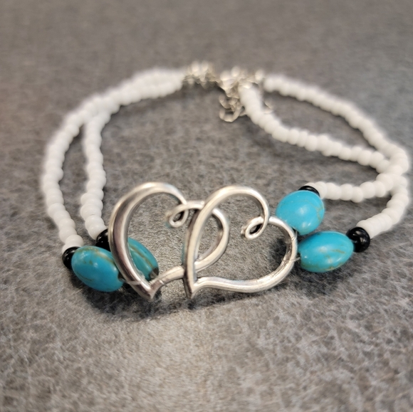 Silver Heart Bracelet with Blue and White Beads - Picture 1 of 1